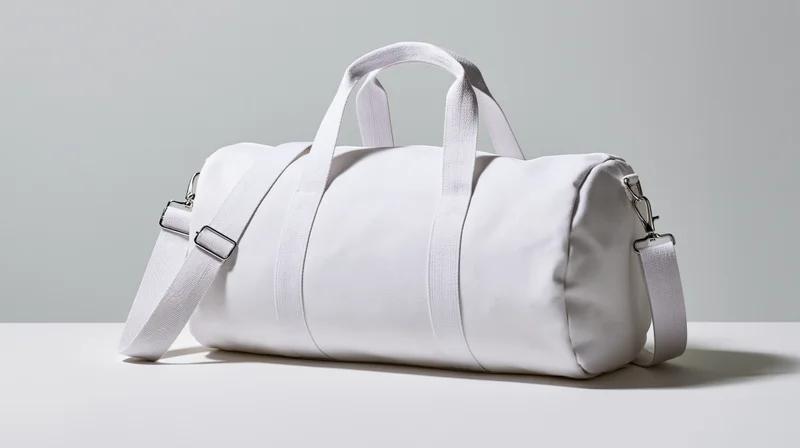 White canvas duffel bag with straps and handles on a plain surface