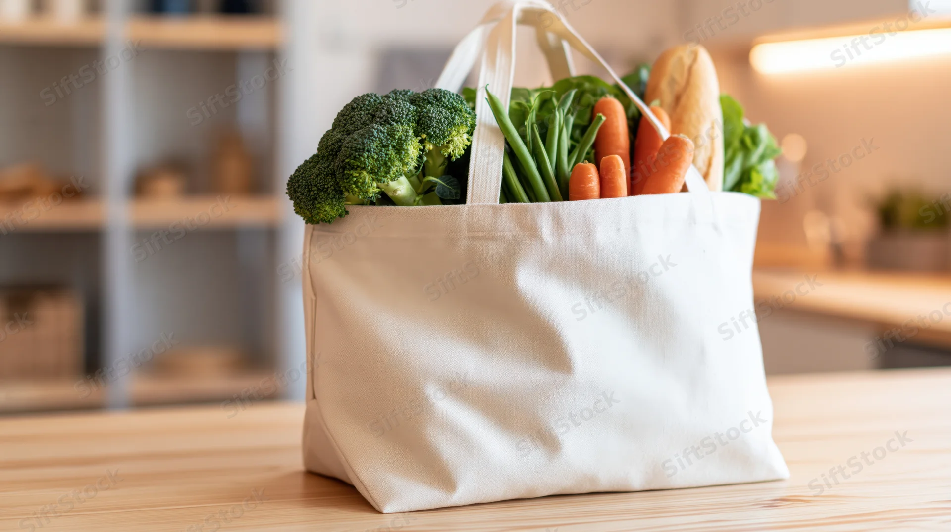 White canvas tote bag filled with fresh vegetables and bread on wooden kitchen countertop