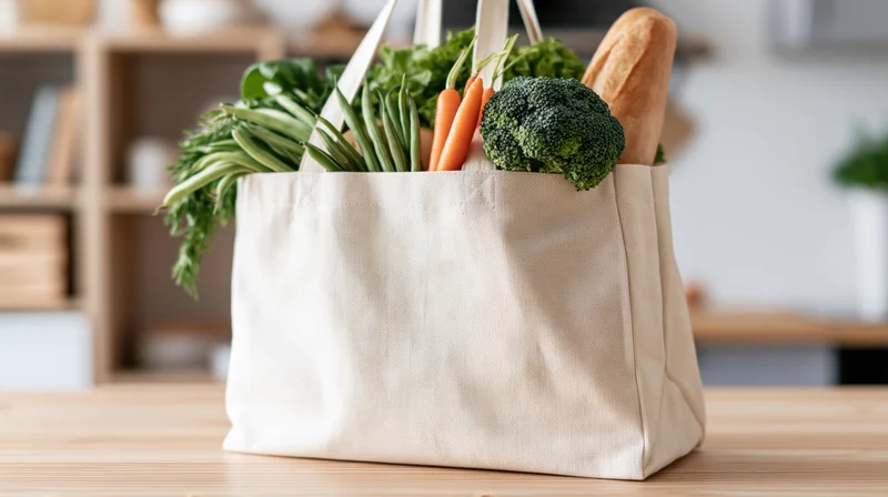 Canvas tote bag filled with fresh vegetables and bread on kitchen countertop