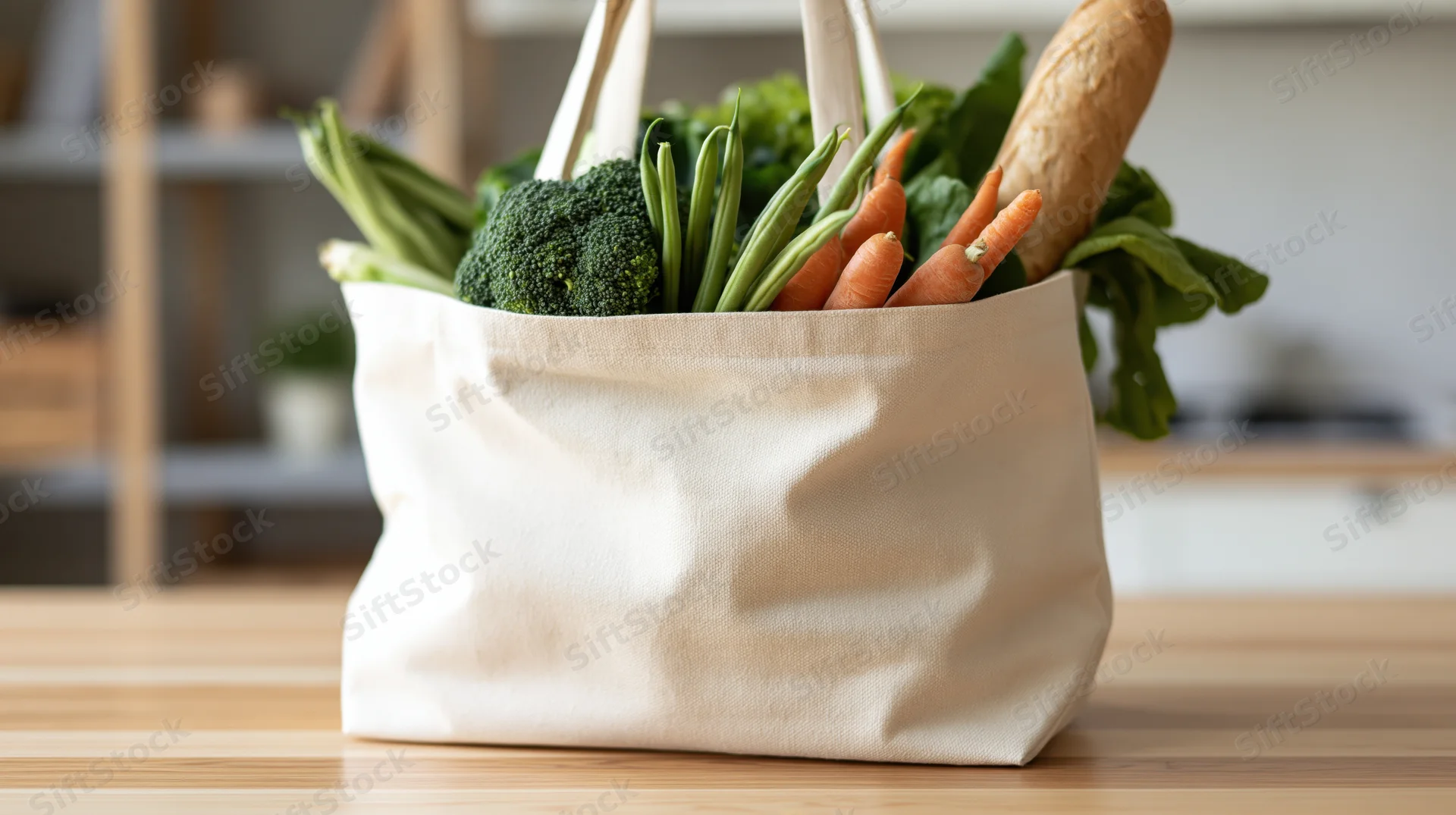 Canvas tote bag filled with fresh vegetables on wooden kitchen countertop
