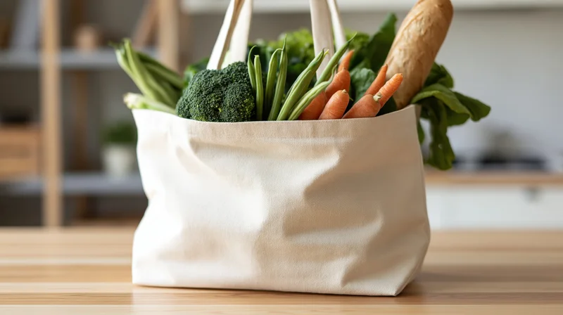 Canvas tote bag filled with fresh vegetables on wooden kitchen countertop