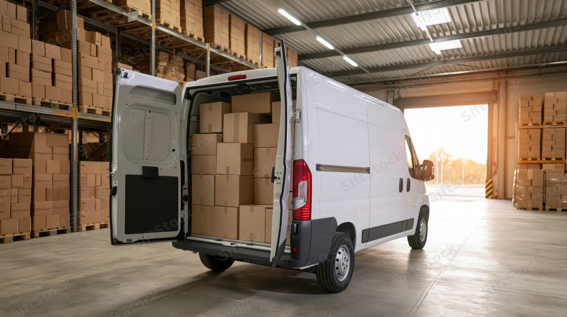 White cargo van with rear doors open loaded with stacked cardboard boxes inside warehouse
