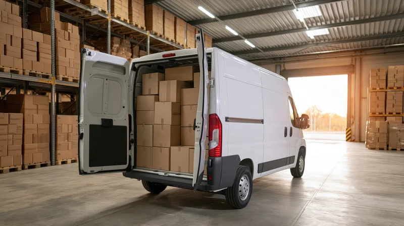 White cargo van with rear doors open loaded with stacked cardboard boxes inside warehouse