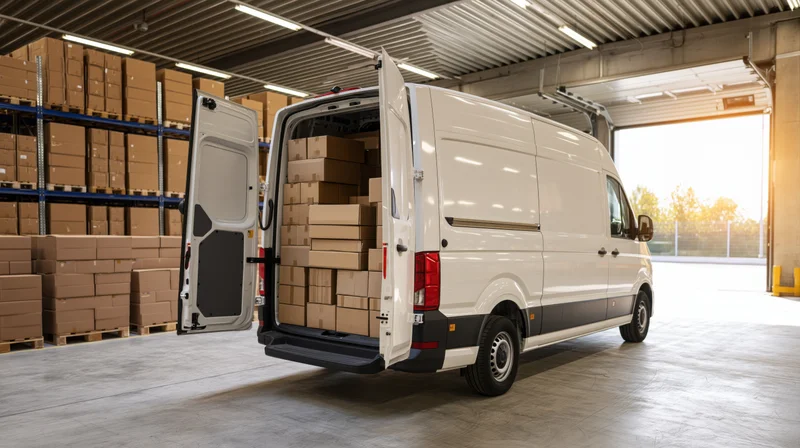 White cargo van with rear doors open loaded with stacked cardboard boxes in warehouse loading bay
