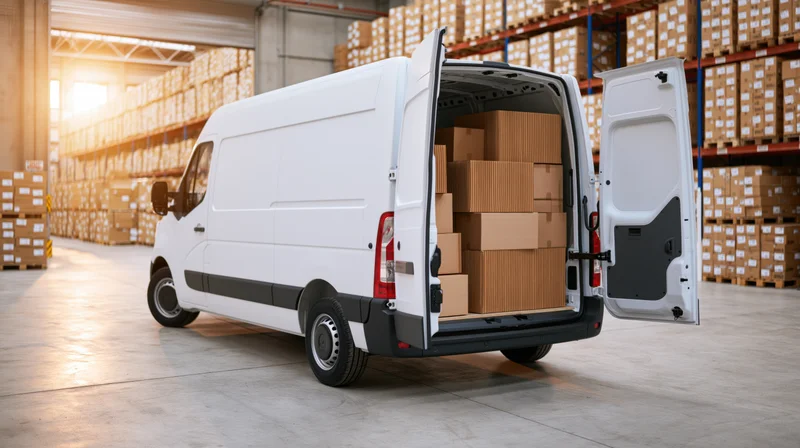 White cargo van with rear doors open loaded with stacked cardboard boxes in warehouse