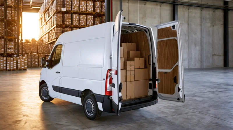 White cargo van with rear doors open loaded with stacked cardboard boxes in warehouse