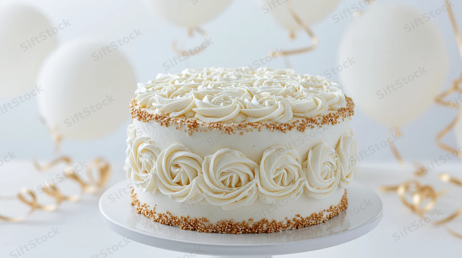 White celebration cake with cream rosettes and gold sprinkles on a cake stand surrounded by balloons and streamers