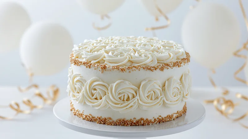 White celebration cake with cream rosettes and gold sprinkles on a cake stand surrounded by balloons and streamers