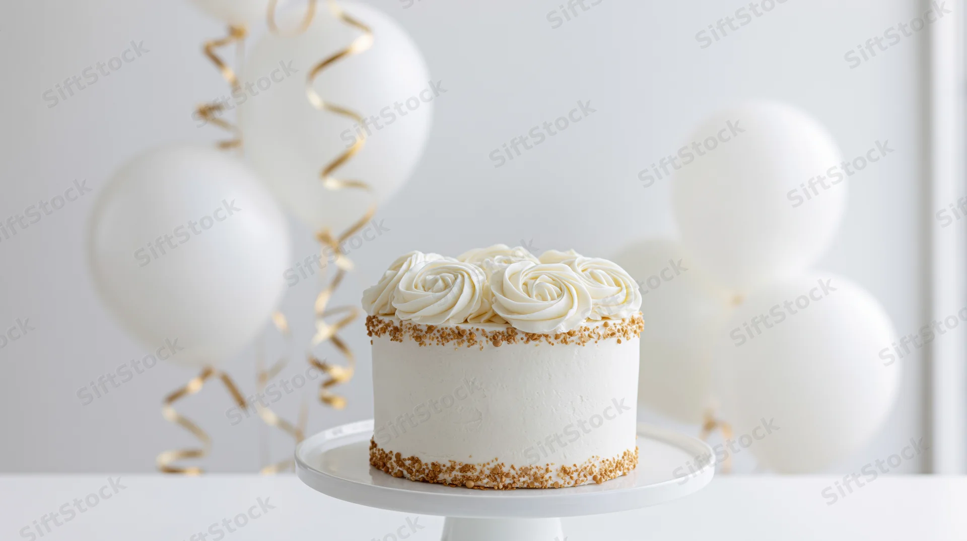 White celebration cake with cream rosettes on a stand surrounded by white balloons with gold ribbons