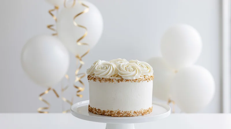 White celebration cake with cream rosettes on a stand surrounded by white balloons with gold ribbons