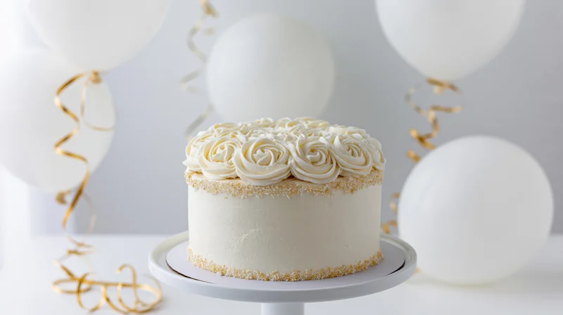 White celebration cake with cream rosette topping on a stand surrounded by white balloons and gold streamers