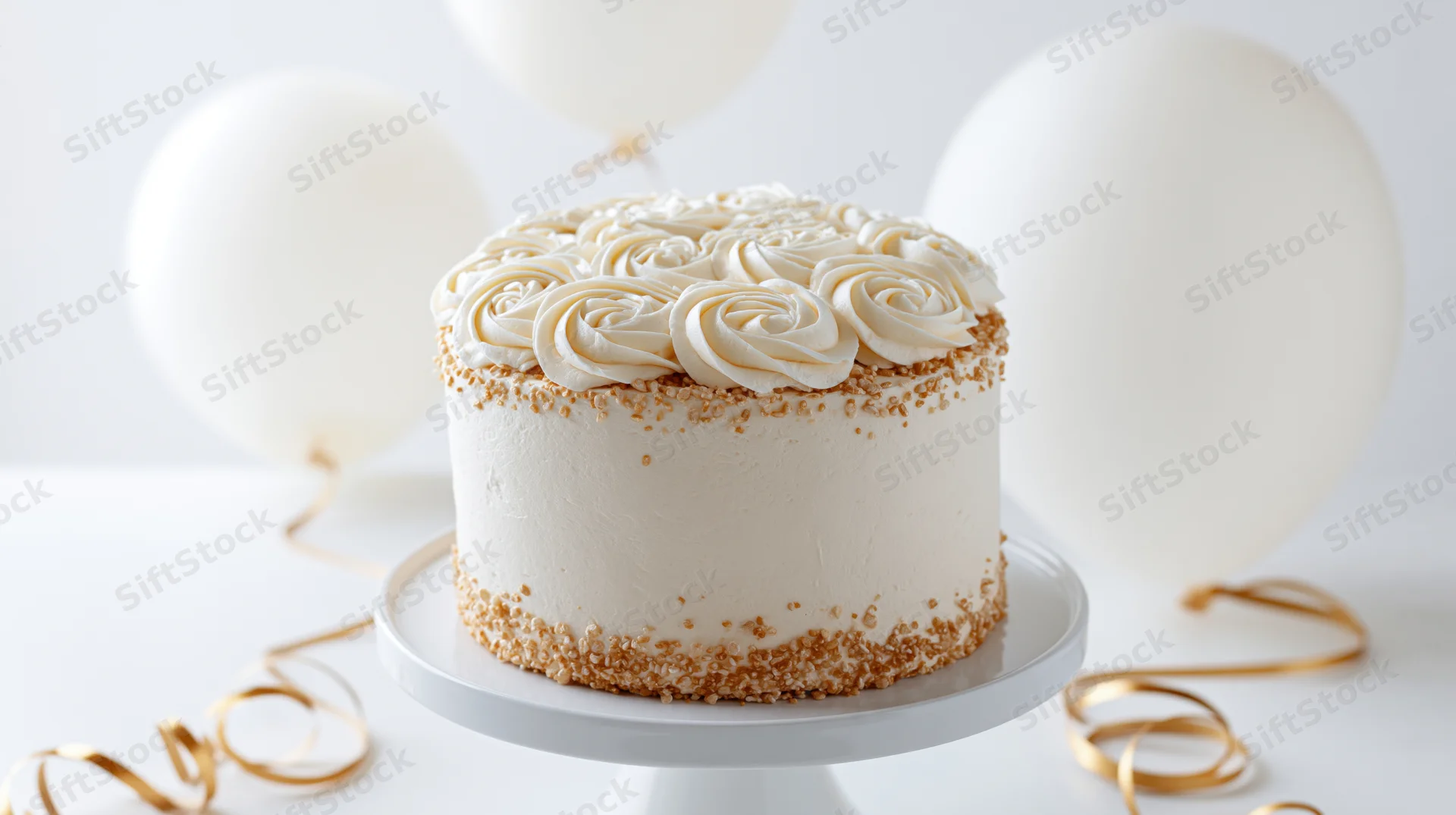 White celebration cake with cream rosette topping on a stand surrounded by balloons and gold ribbons