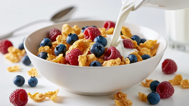 Milk being poured into a bowl of cornflakes with blueberries and raspberries on a white surface