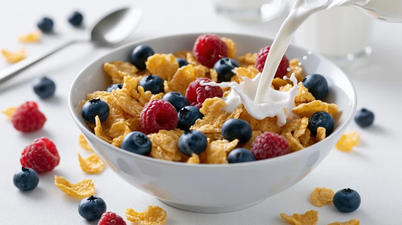 Milk being poured into a bowl of cornflakes with blueberries and raspberries on a white table