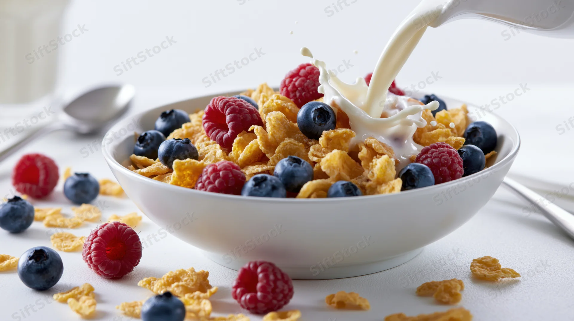 Milk being poured into a bowl of cornflakes with blueberries and raspberries on a white table