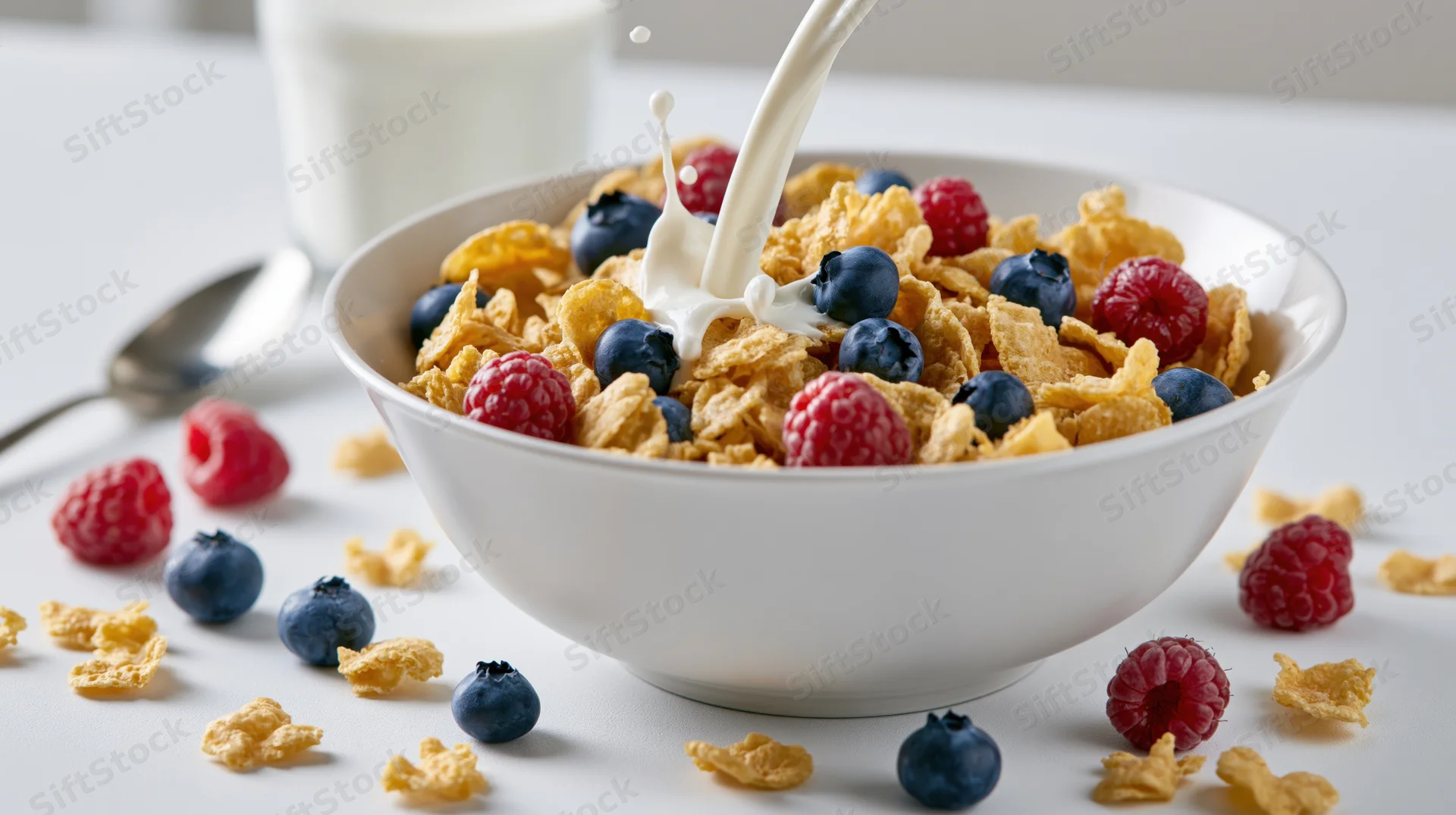 Milk being poured into a bowl of cornflakes with blueberries and raspberries on a white surface