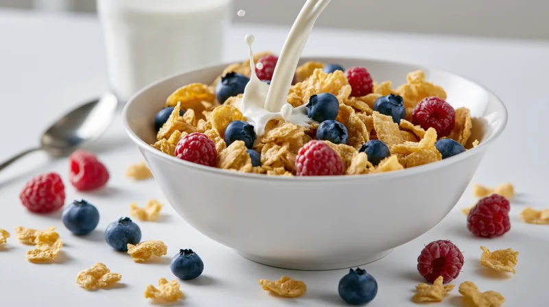 Milk being poured into a bowl of cornflakes with blueberries and raspberries on a white surface