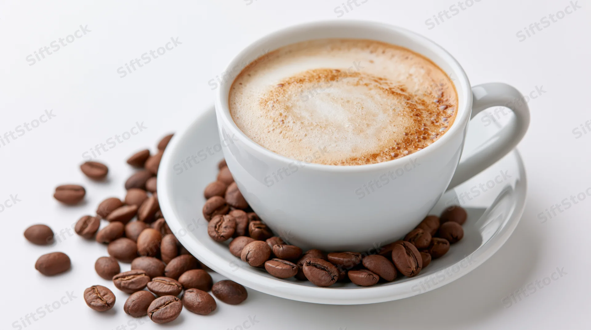 White ceramic cappuccino cup with frothy foam on saucer surrounded by roasted coffee beans on white background