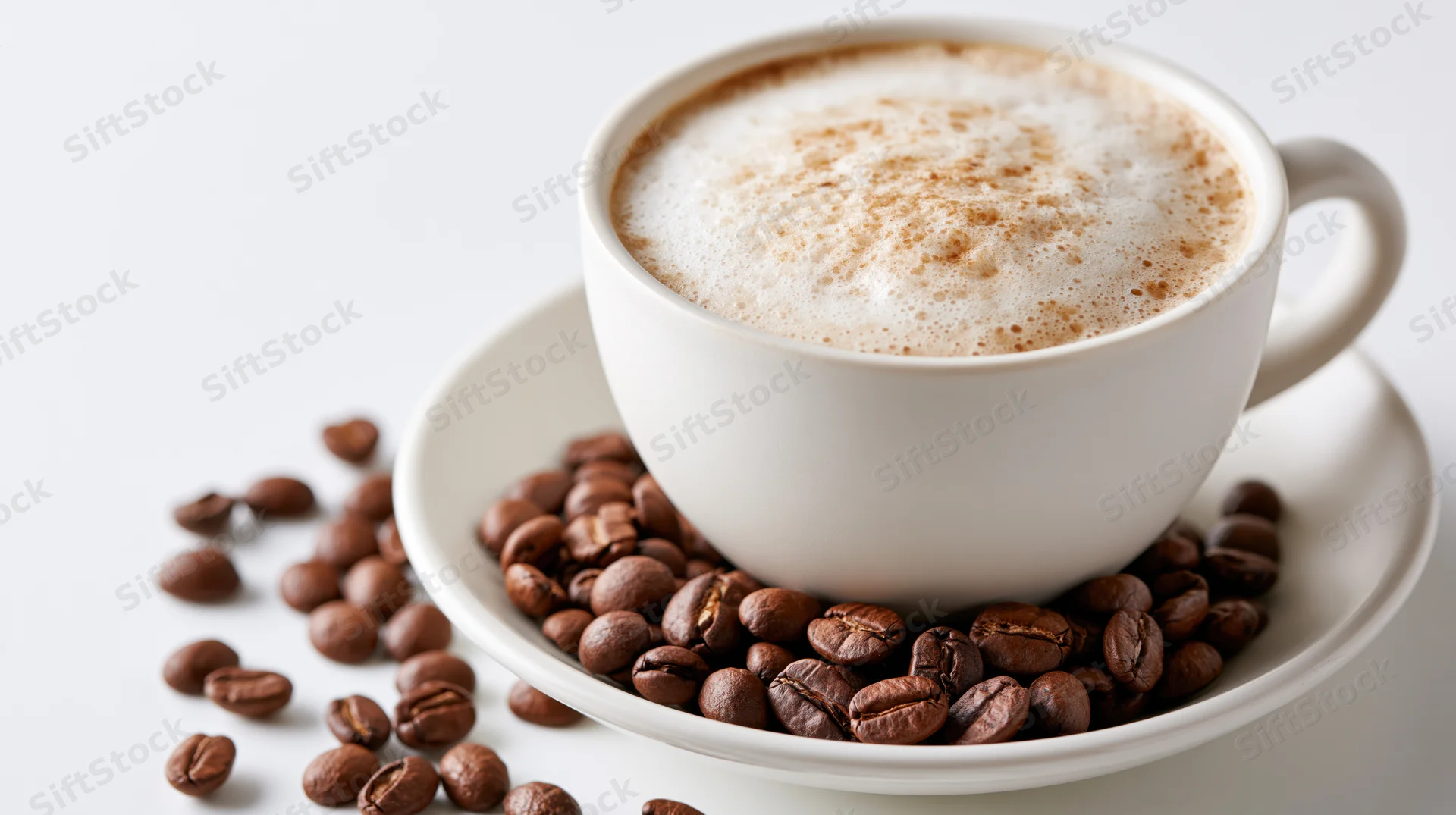 White ceramic cappuccino cup with frothy foam on saucer surrounded by coffee beans