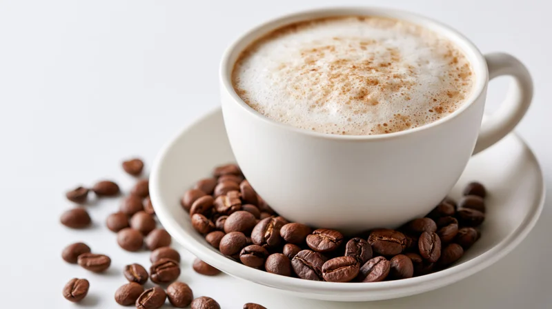 White ceramic cappuccino cup with frothy foam on saucer surrounded by coffee beans