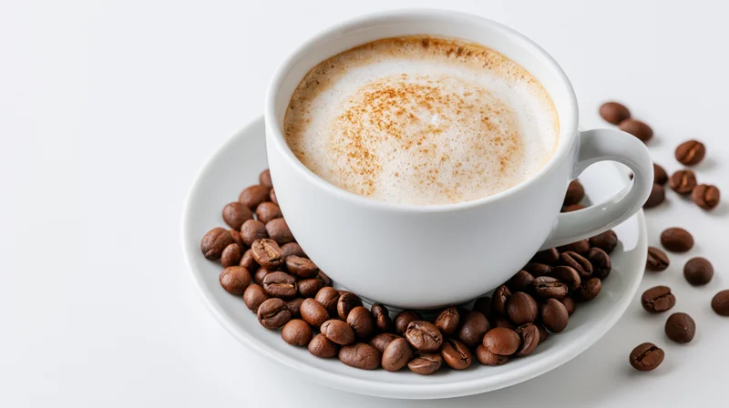 White ceramic cappuccino cup with frothy foam and cinnamon sprinkle on saucer surrounded by roasted coffee beans on white surface