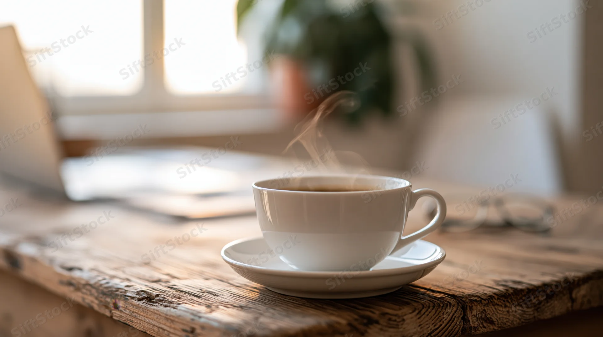Steaming coffee cup on a saucer on a wooden table near a window with a laptop and plant in the background