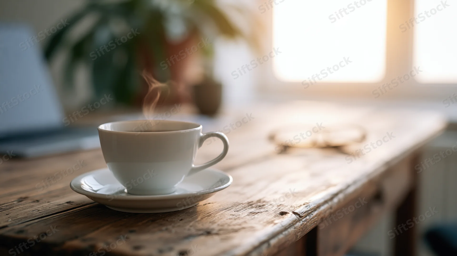 White ceramic coffee cup steaming on wooden desk near window with laptop and plant in background