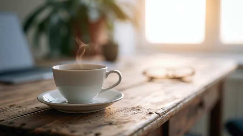 White ceramic coffee cup steaming on wooden desk near window with laptop and plant in background