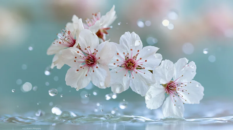 White cherry blossoms floating above rippling water with droplets suspended in mid-air