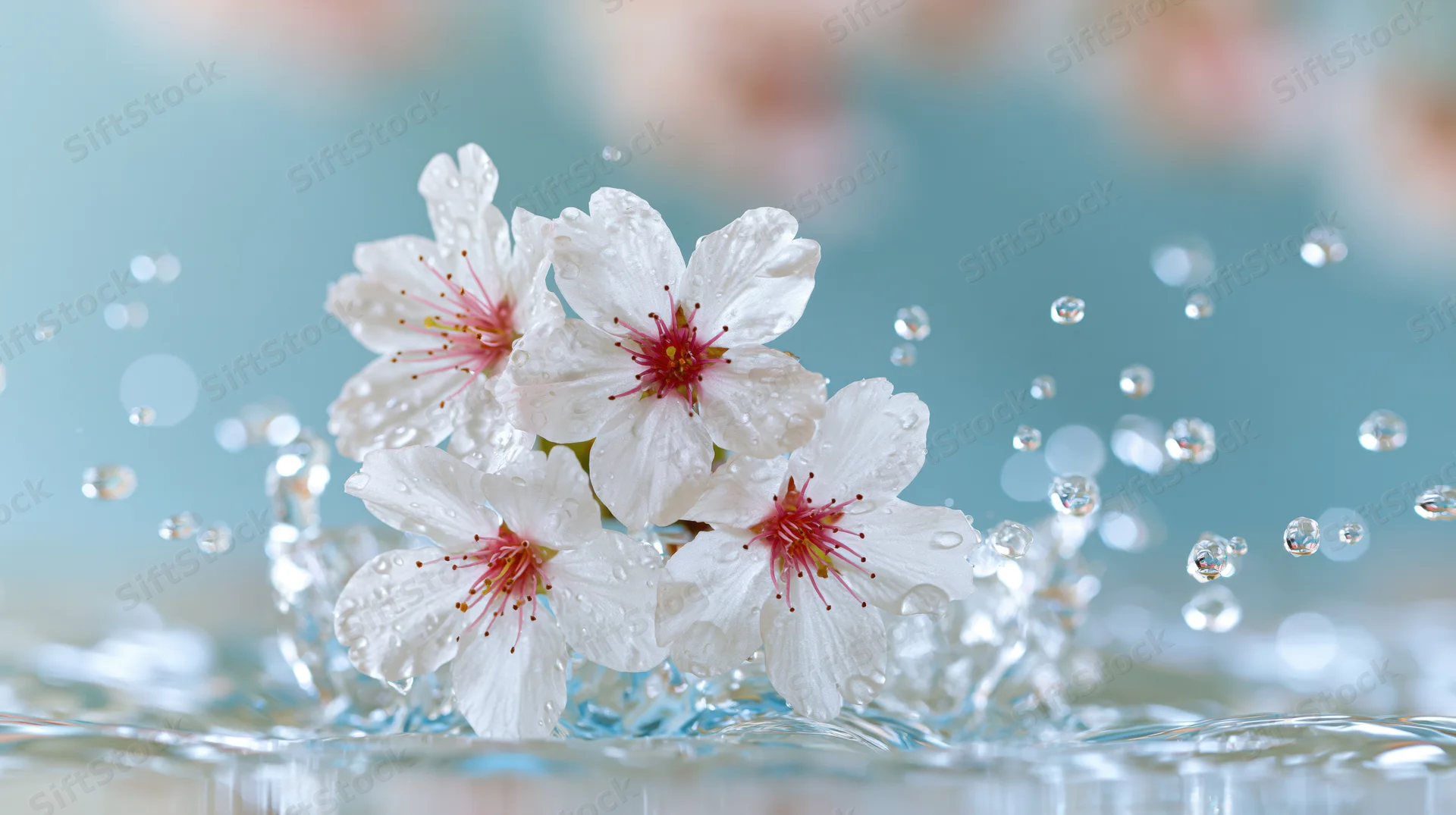 White cherry blossoms in mid-splash with water droplets and ripples on a light blue surface