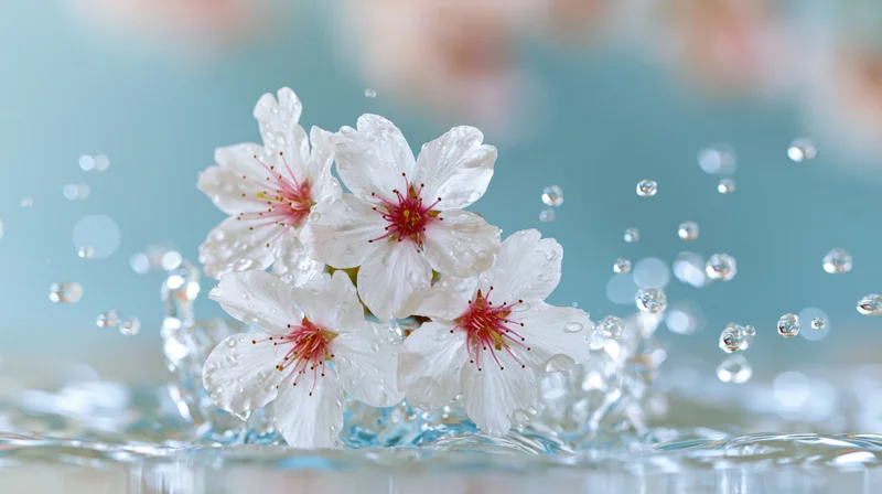 White cherry blossoms in mid-splash with water droplets and ripples on a light blue surface