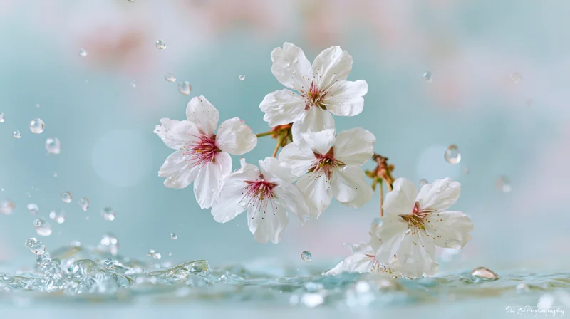 White cherry blossoms suspended in mid-air above a water splash with floating droplets