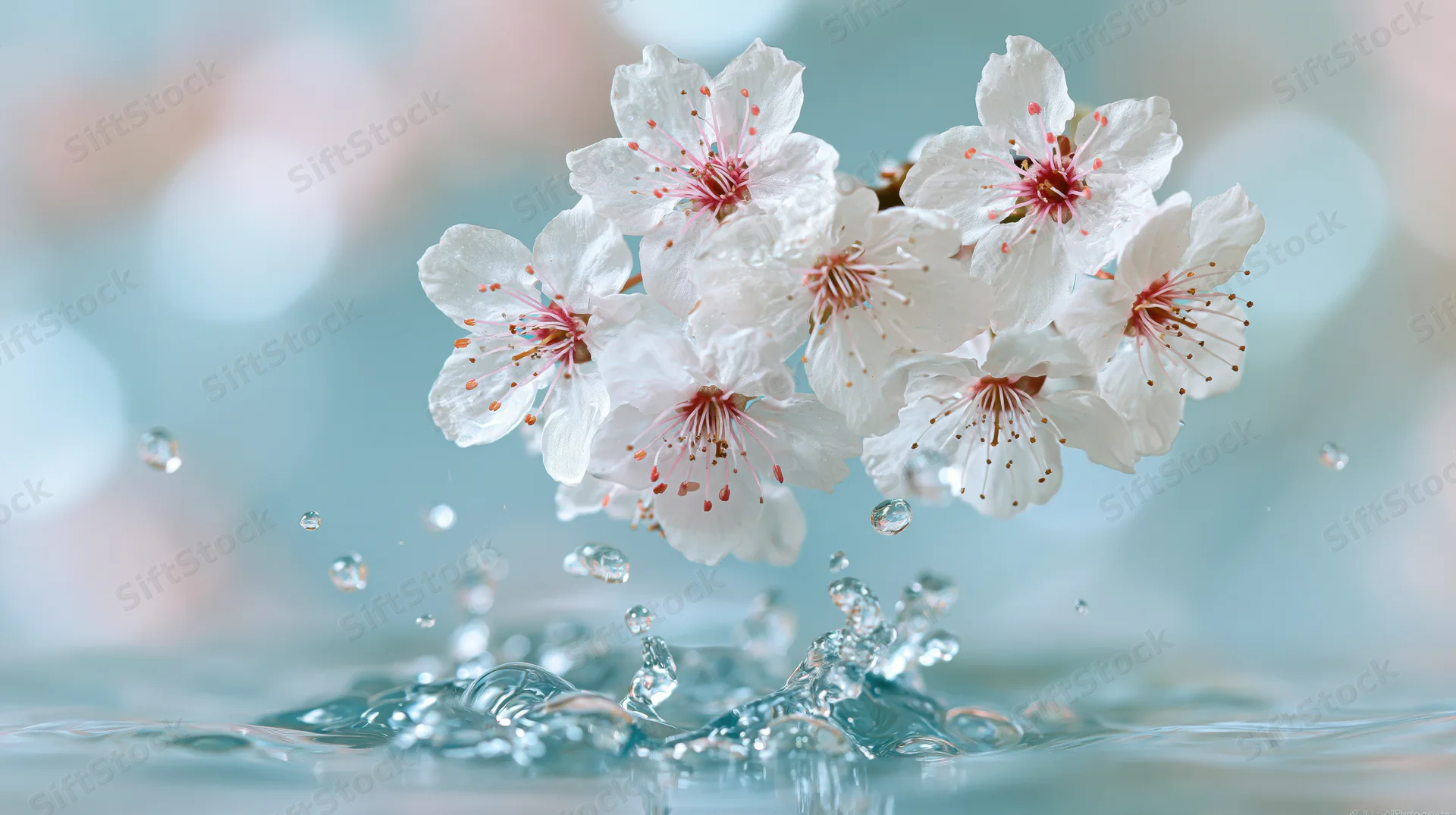 White cherry blossoms suspended above a water splash with droplets and soft bokeh background