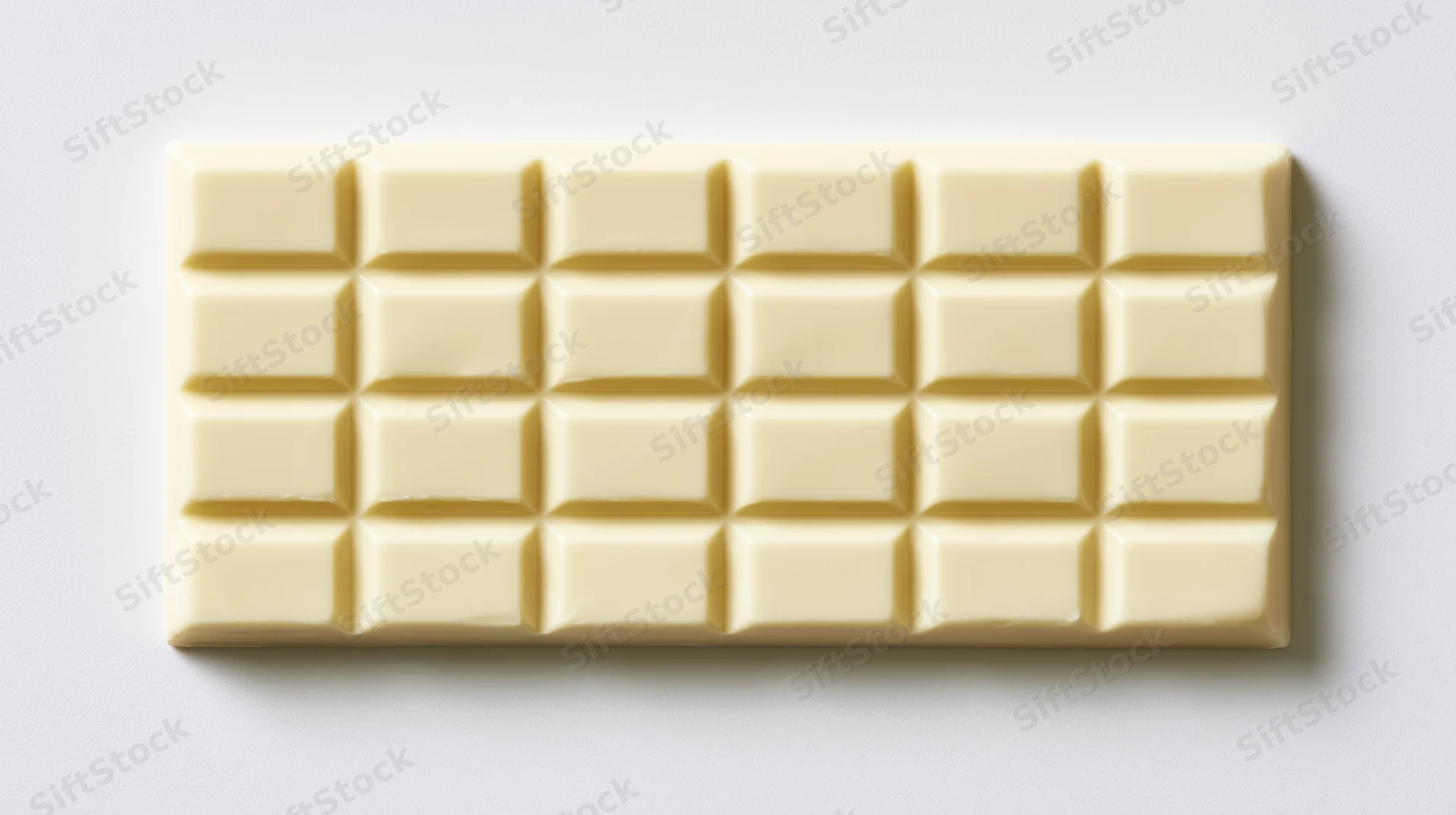 White chocolate bar with segmented squares on plain white surface, overhead view