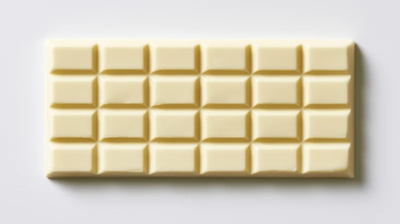 White chocolate bar with segmented squares on plain white surface, overhead view