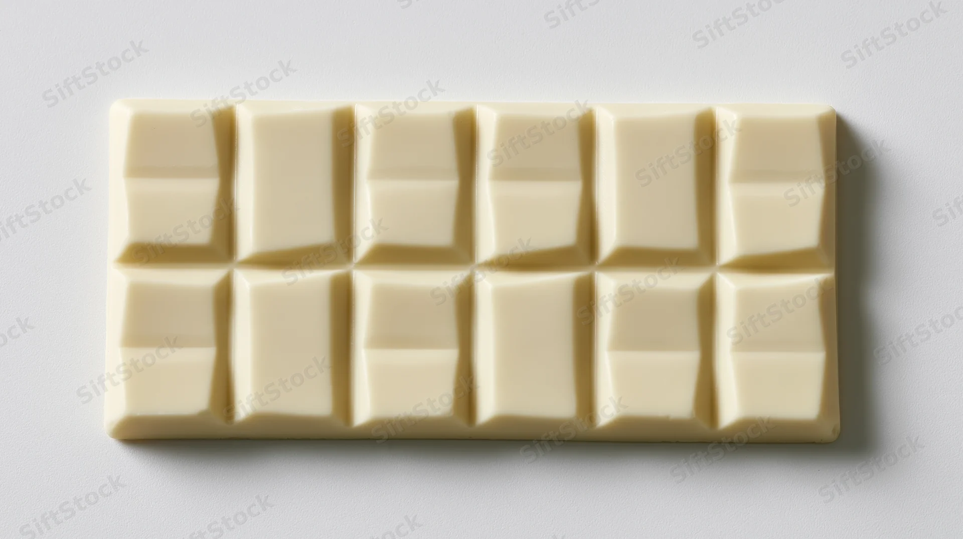 White chocolate bar with segmented squares viewed from above on plain surface