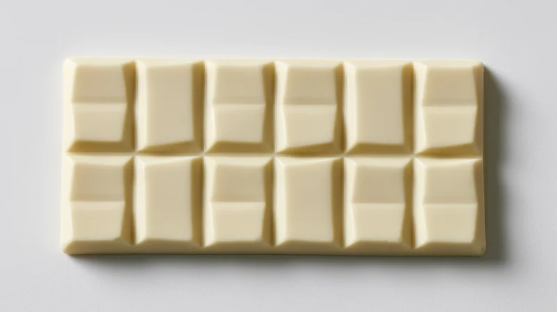 White chocolate bar with segmented squares viewed from above on plain surface