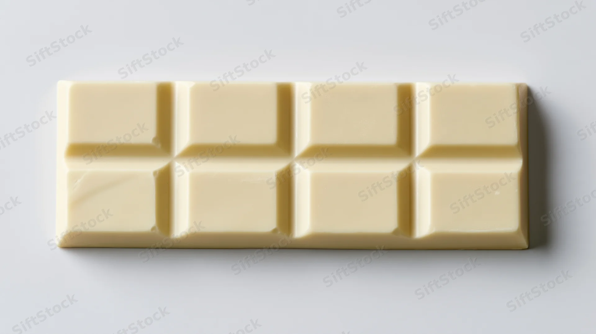 White chocolate bar with segmented squares on a plain surface, overhead view