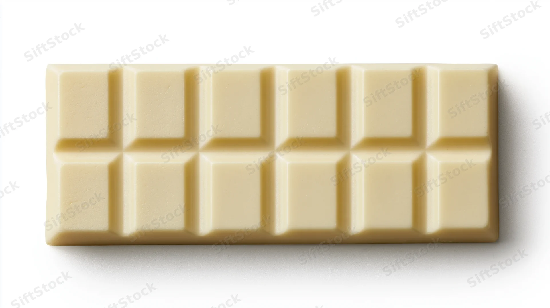 White chocolate bar with segmented squares viewed from above on a plain white surface