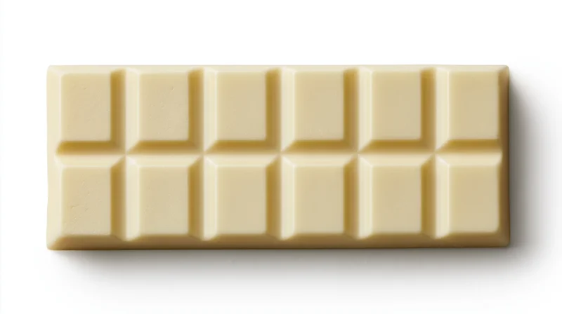 White chocolate bar with segmented squares viewed from above on a plain white surface