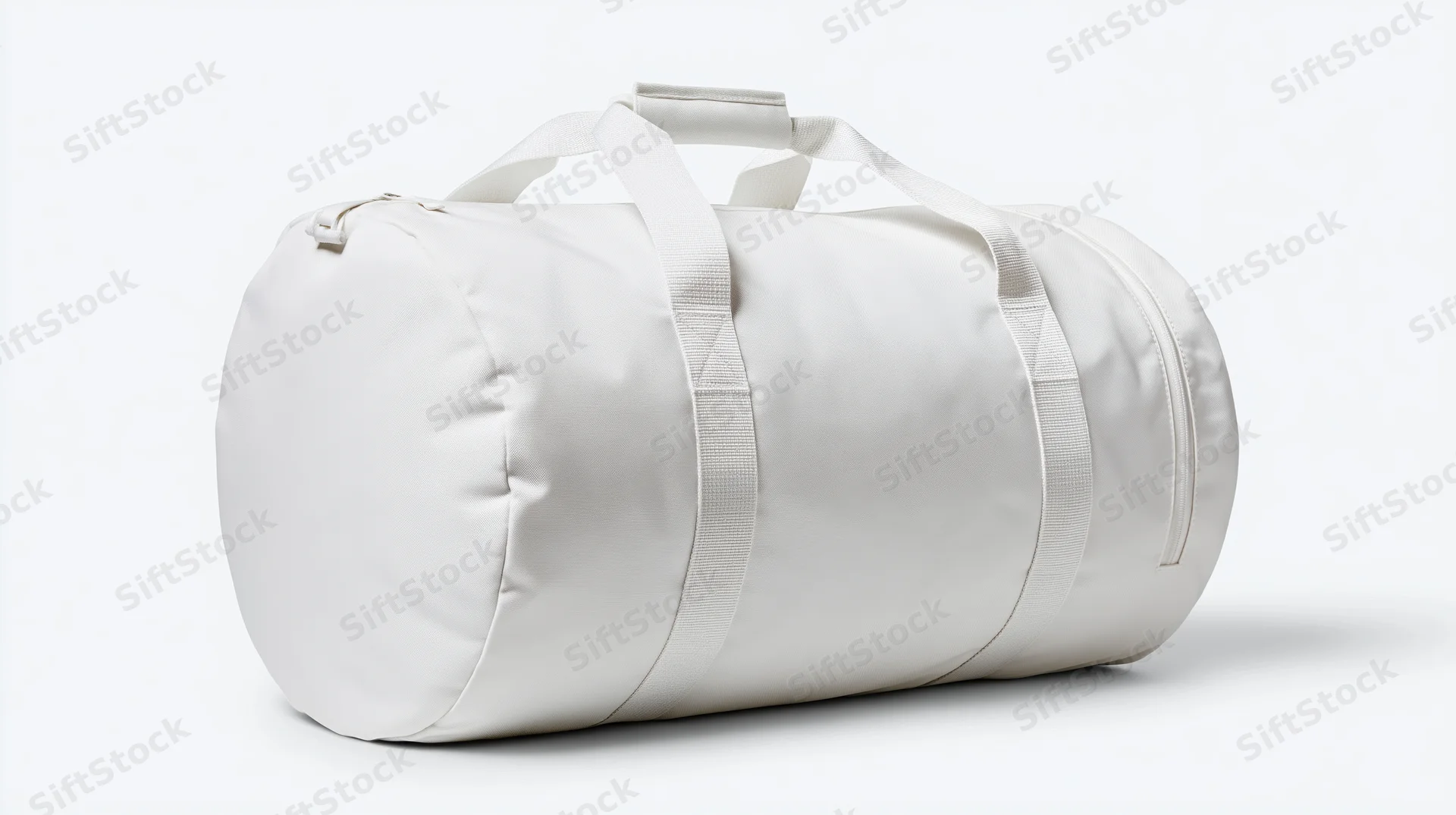 White cylindrical duffel bag with flat top handles on plain white background