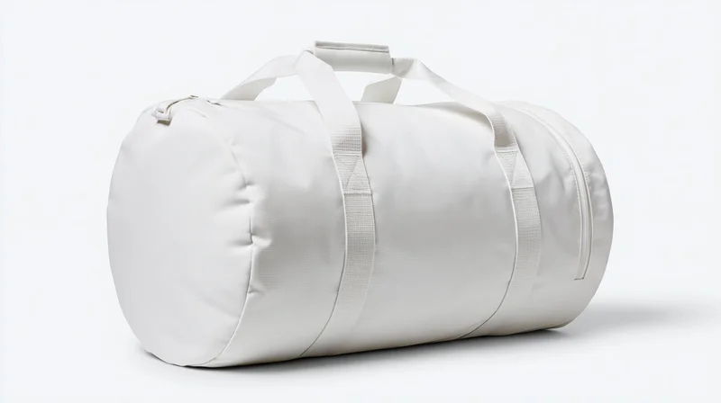 White cylindrical duffel bag with flat top handles on plain white background