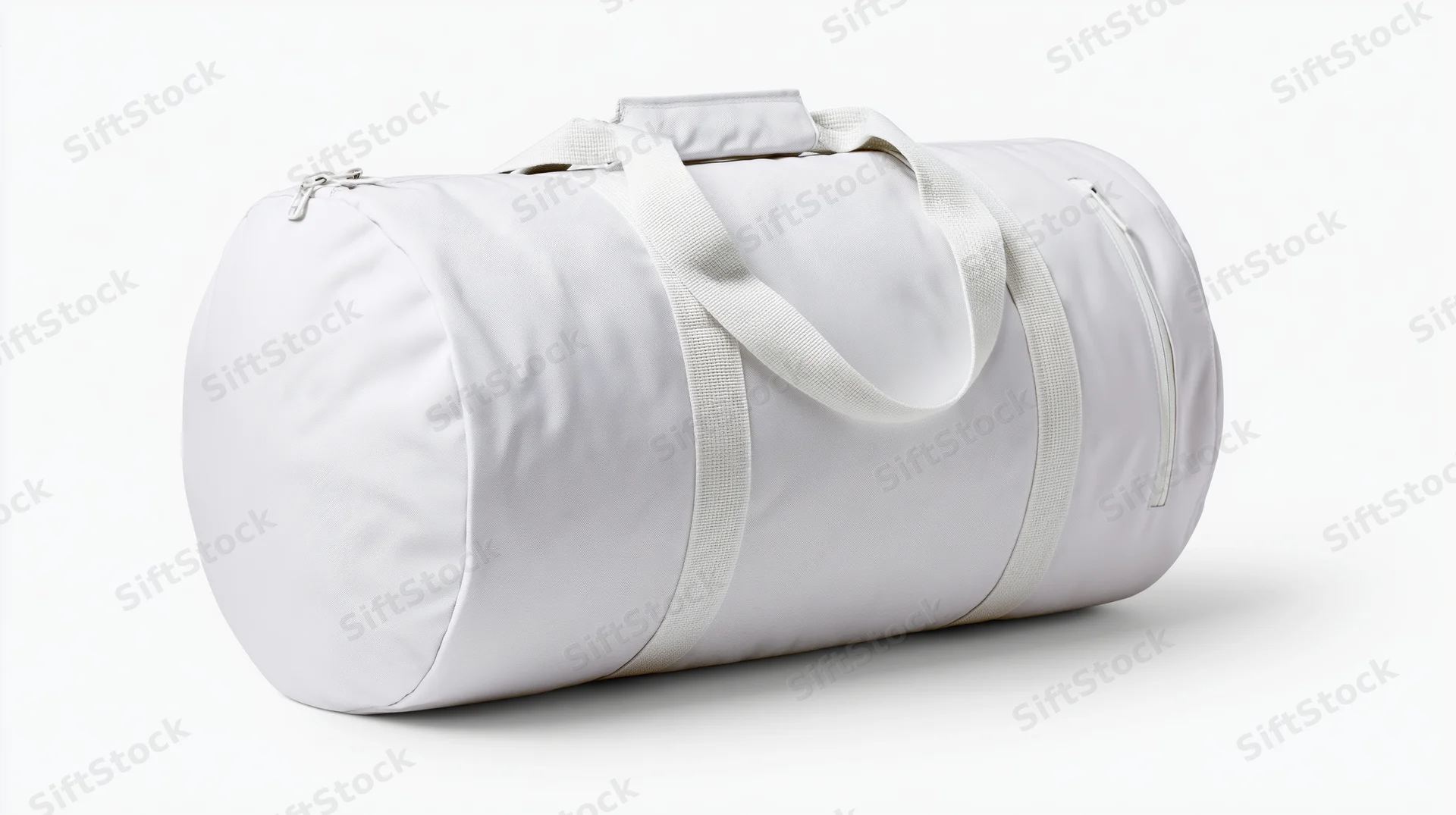White cylindrical duffel bag with flat top handles on plain white background
