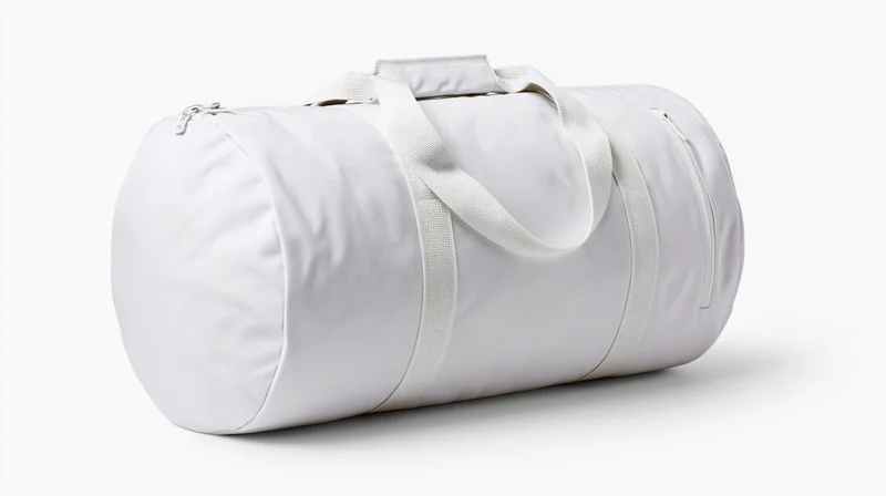 White cylindrical duffel bag with flat top handles on plain white background