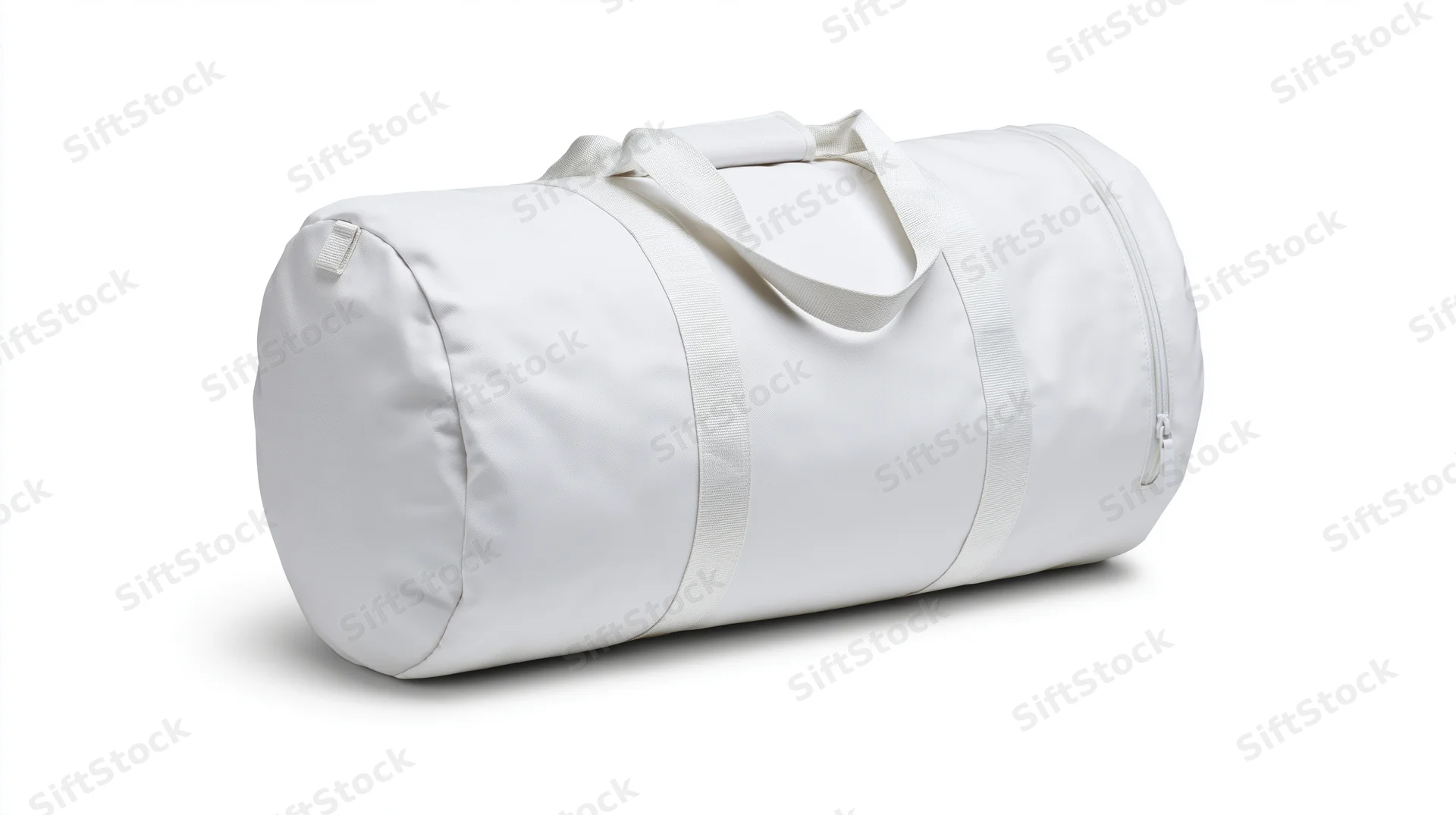 White cylindrical duffel bag with flat top handles isolated on white background