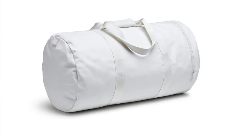 White cylindrical duffel bag with flat top handles isolated on white background
