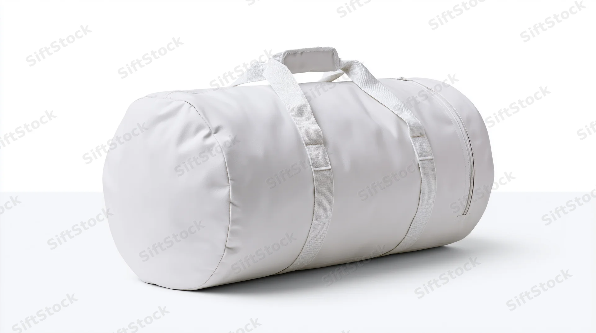 White cylindrical duffel bag with flat top handles on plain white surface