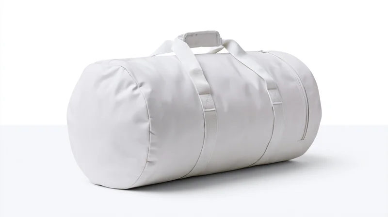 White cylindrical duffel bag with flat top handles on plain white surface