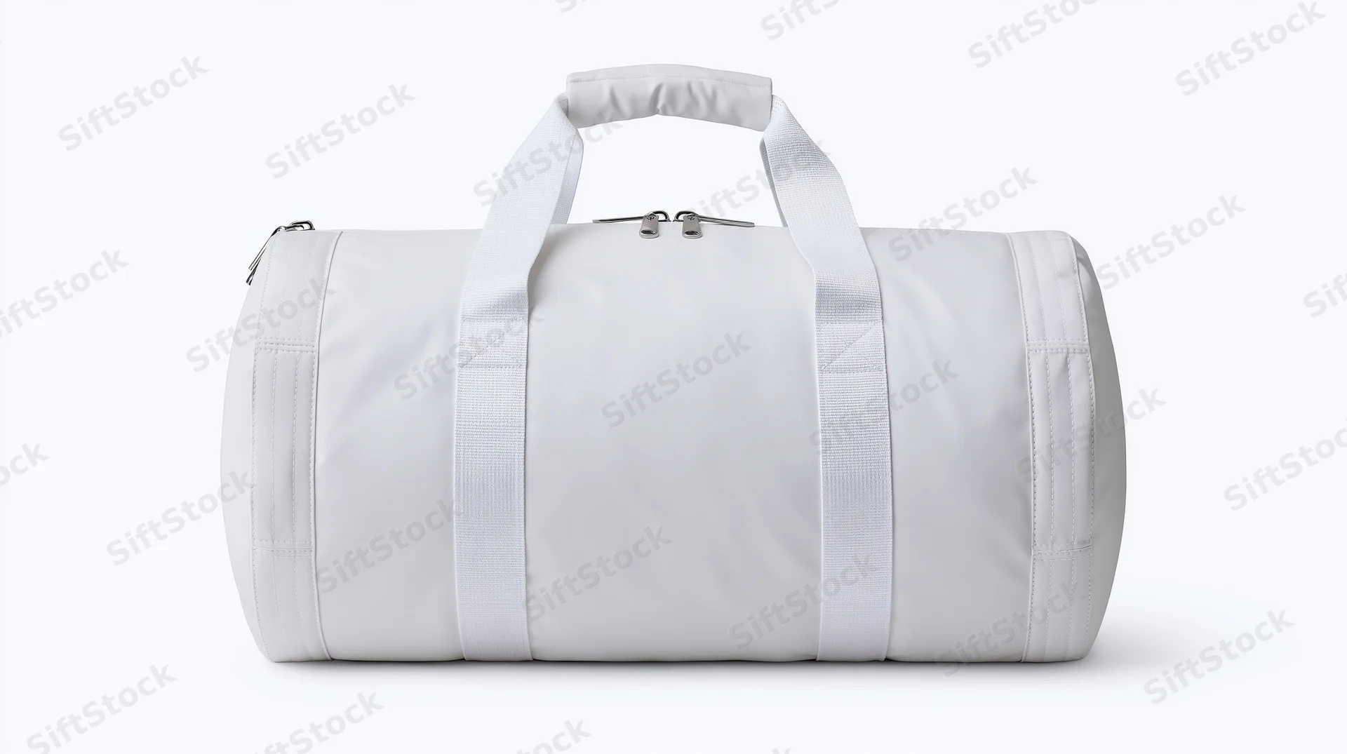 White cylindrical gym duffel bag with handles and zipper sitting upright centered on white background