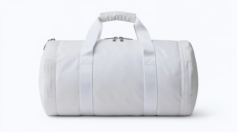 White cylindrical gym duffel bag with handles and zipper sitting upright centered on white background